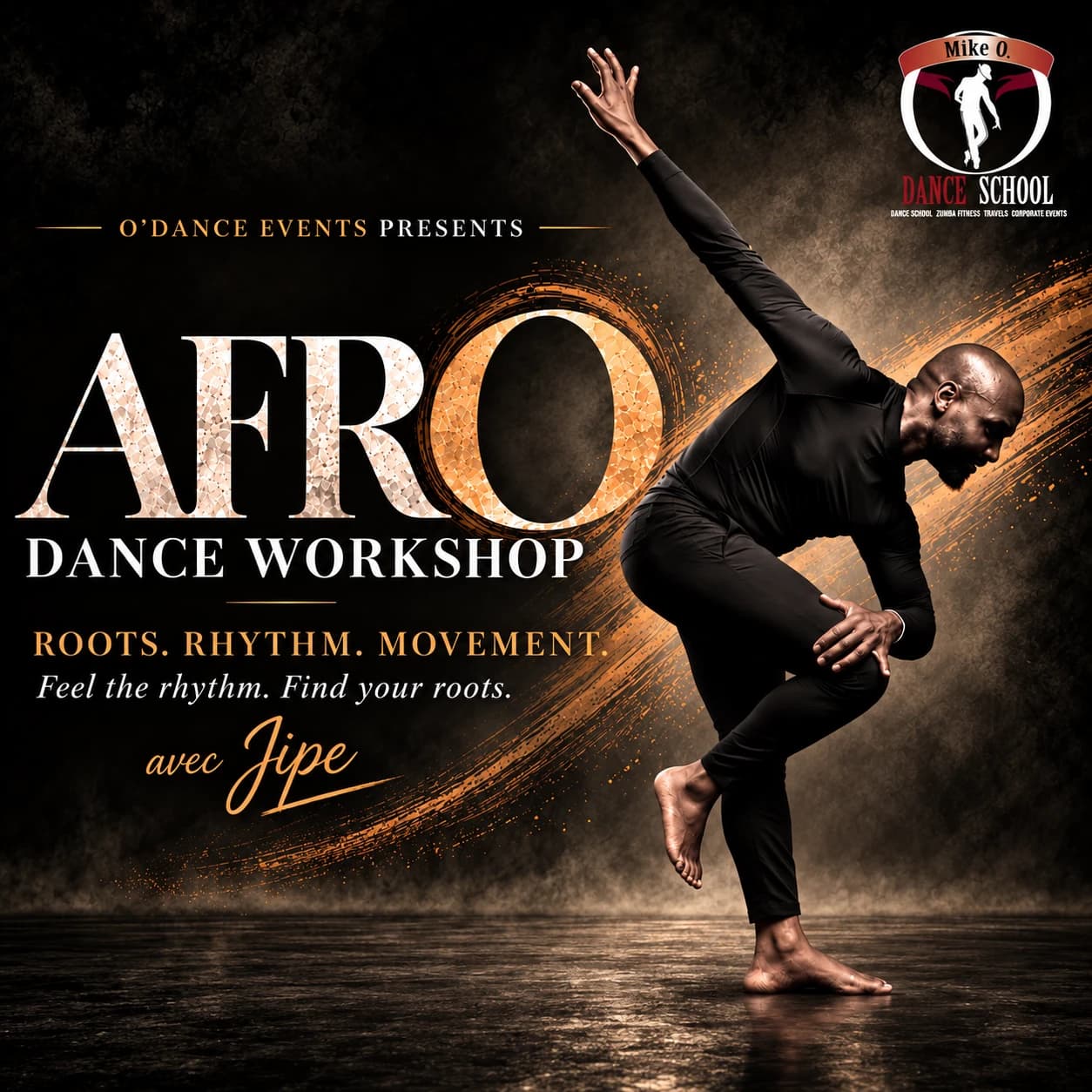 Affiche Afro Dance Workshop avec Jipe, O'Dance Events : un danseur en noir en plein mouvement sur fond sombre et orangé — Roots. Rhythm. Movement.