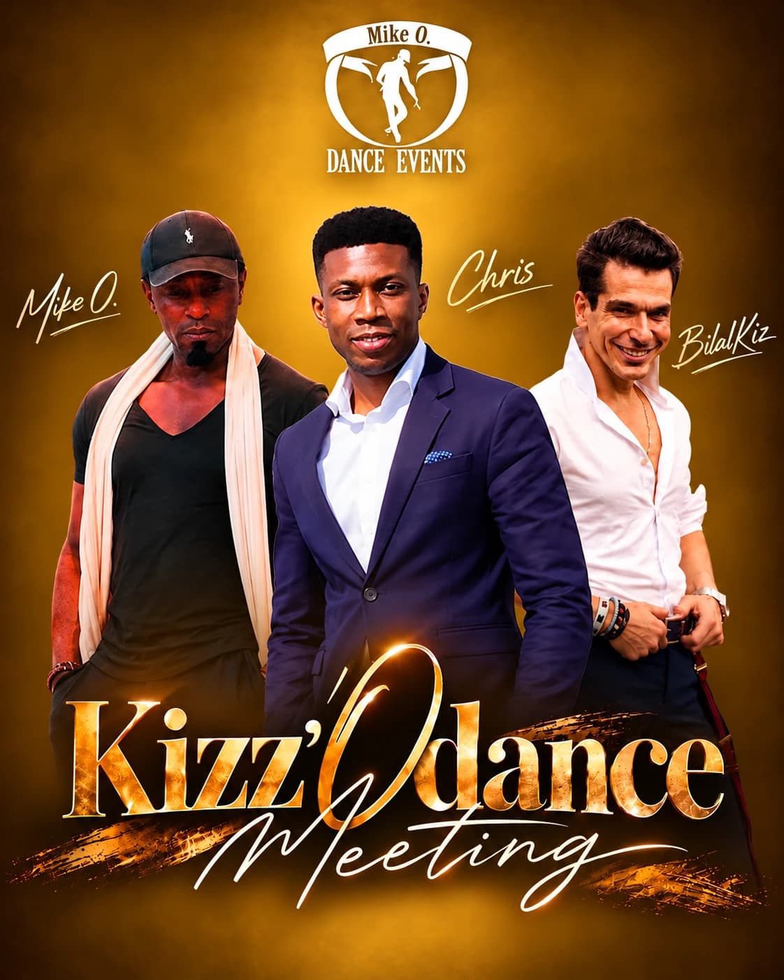 Affiche Kizz'O'Dance Meeting d'O'Dance Events avec les professeurs Mike O., Chris et BilalKiz, sur fond doré.