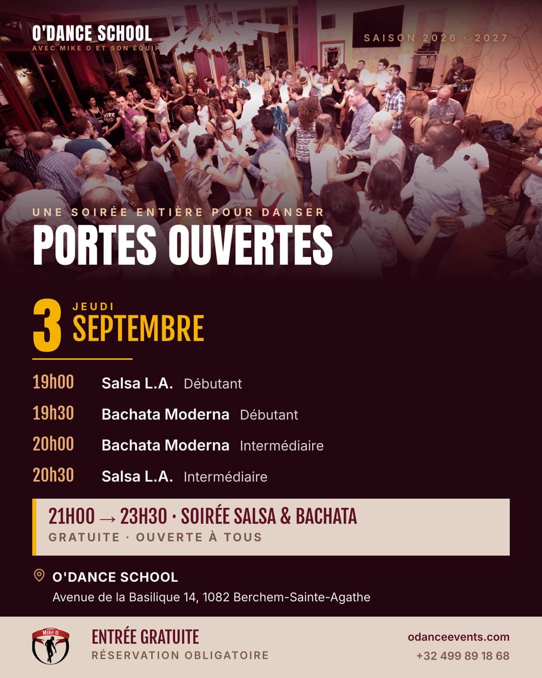 Affiche Portes Ouvertes O'Dance du jeudi 3 septembre 2026 avenue de la Basilique 14 à Berchem-Sainte-Agathe : quatre cours de salsa L.A. et bachata moderna de 19h à 21h, puis soirée salsa et bachata gratuite de 21h à 23h30.