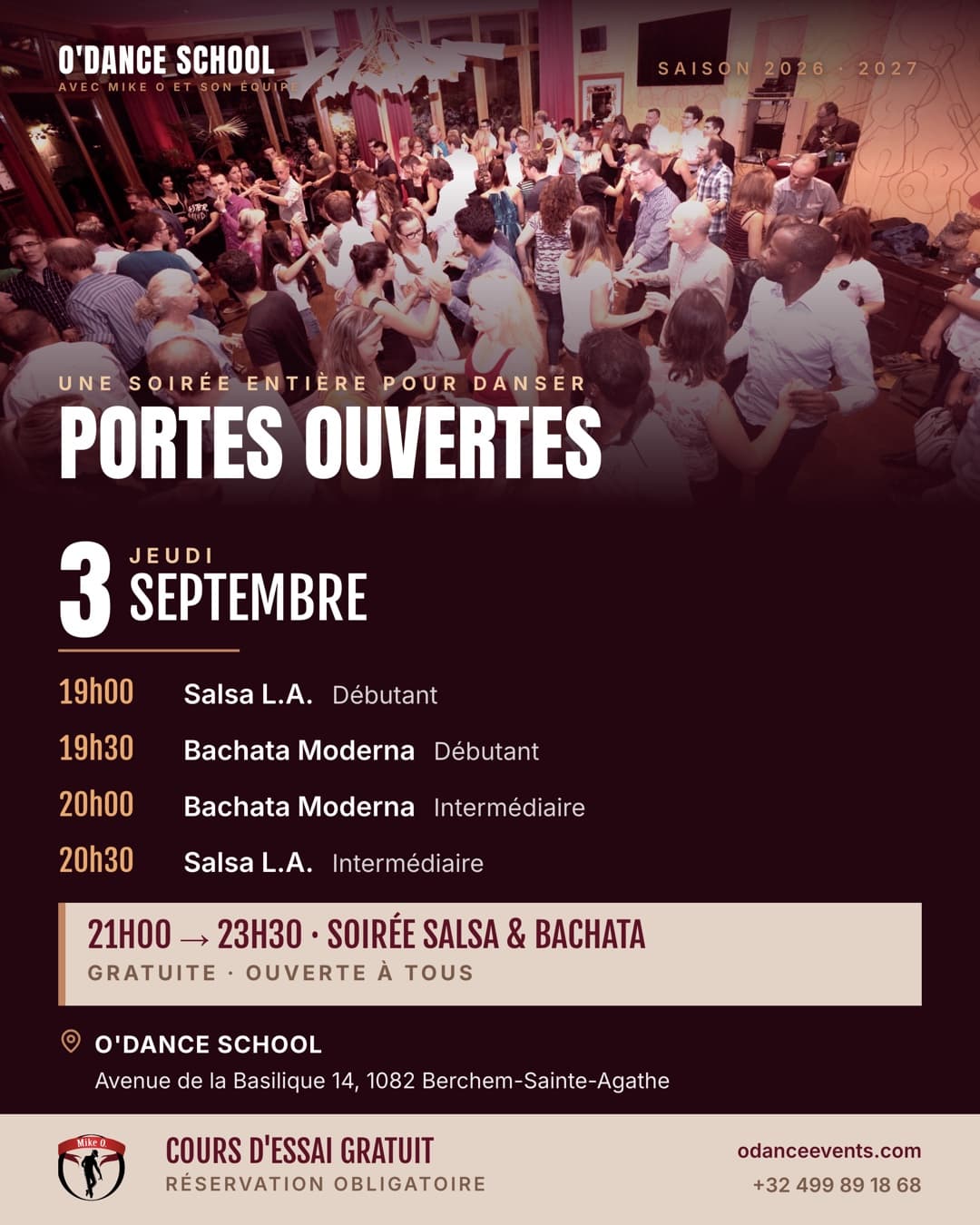 Affiche Portes Ouvertes O'Dance du jeudi 3 septembre 2026 avenue de la Basilique 14 à Berchem-Sainte-Agathe : quatre cours de salsa L.A. et bachata moderna de 19h à 21h, puis soirée salsa et bachata gratuite de 21h à 23h30.