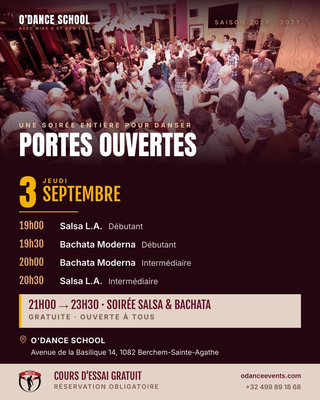 Affiche Portes Ouvertes O'Dance du jeudi 3 septembre 2026 avenue de la Basilique 14 à Berchem-Sainte-Agathe : quatre cours de salsa L.A. et bachata moderna de 19h à 21h, puis soirée salsa et bachata gratuite de 21h à 23h30.