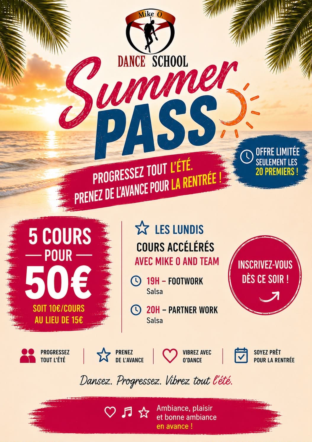 Flyer Summer Pass de Mike O. Dance School : 5 cours pour 50 €, les lundis, cours accélérés de salsa avec Mike O and team, 19h footwork et 20h partner work, offre limitée aux 20 premiers.