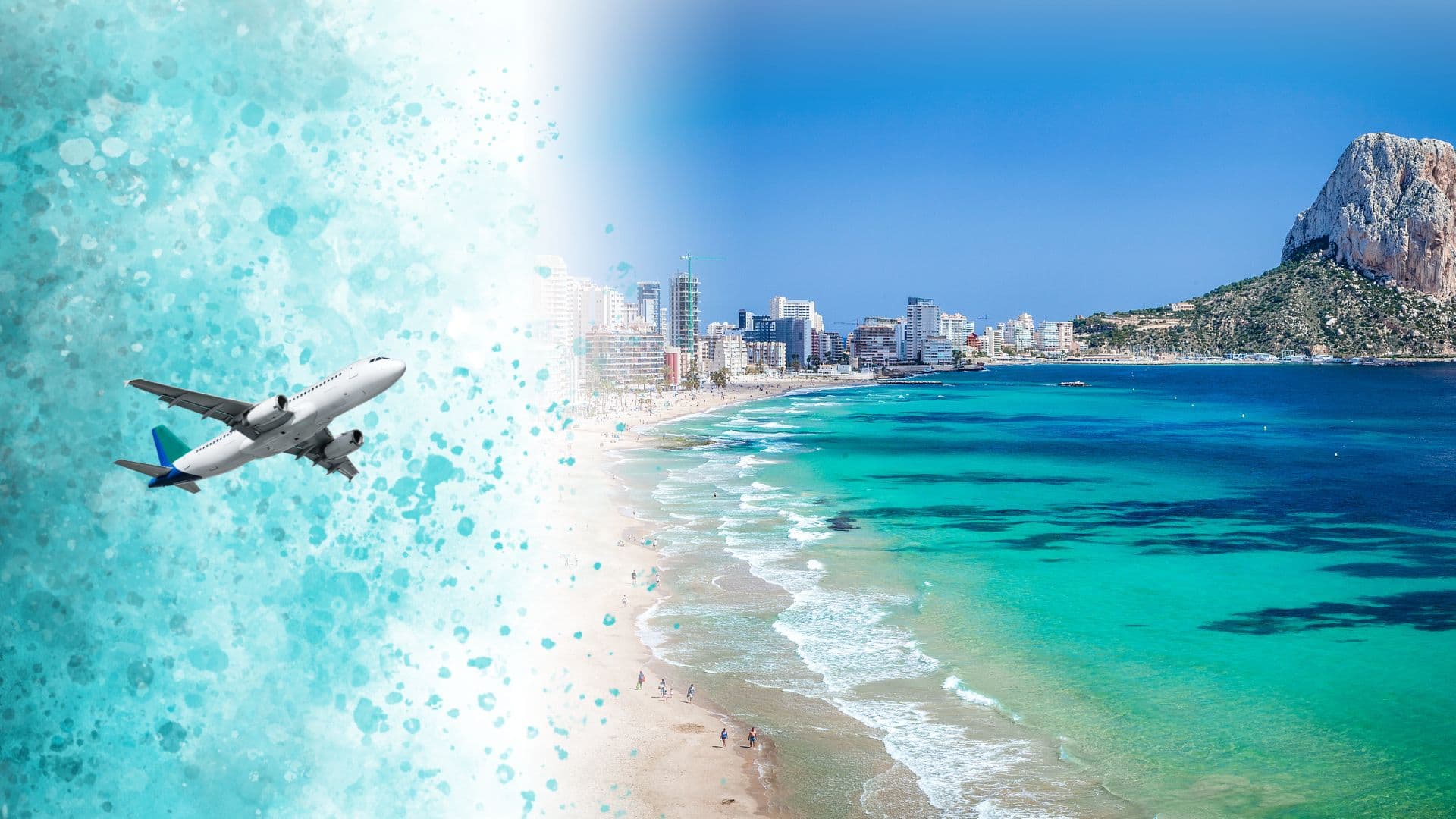 Montage du voyage Calpe : avion sur fond aquarelle turquoise, plage de Calpe et rocher Peñón de Ifach