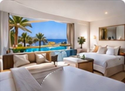 Une chambre d’hôtel lumineuse ouverte sur la piscine et les palmiers