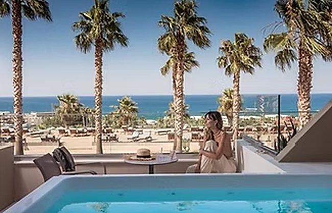 Terrasse avec petite piscine, palmiers et vue mer