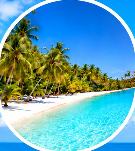White sand beach lined with palm trees and turquoise water