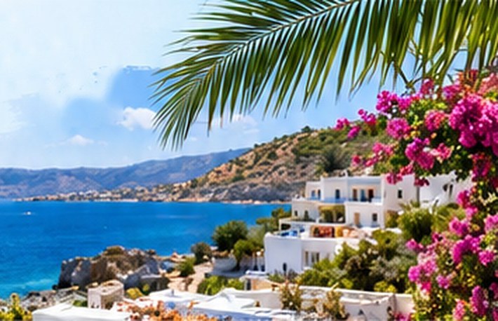 Coast of Crete: turquoise sea, white houses and bougainvillea in bloom